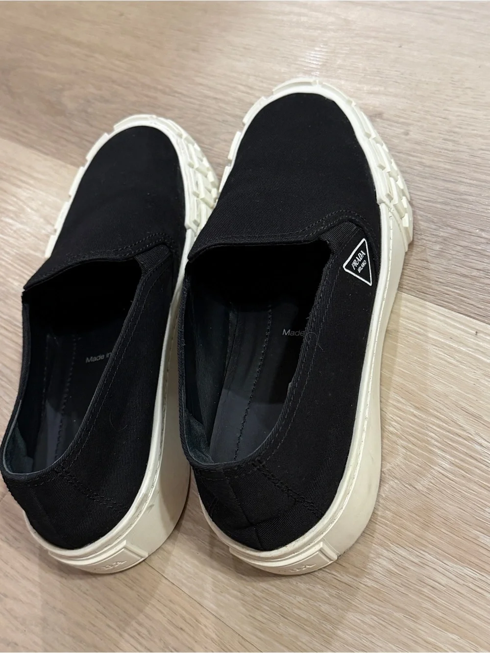 Prada Black Canvas Slip-On Sneakers with Cream Platform - Picture 4 of 10